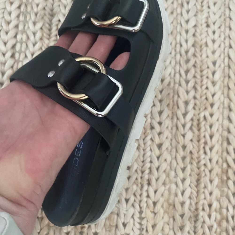 J Slides Black Leather Silver Buckle Sandals